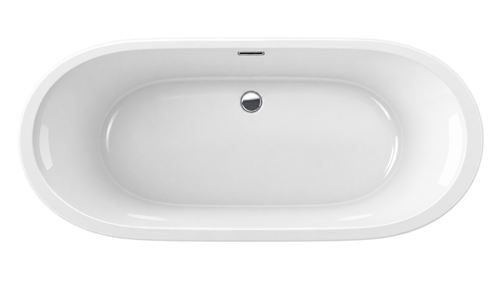 Nokori bathtub in white, featuring a softened oval silhouette, smooth curved interior and polished chrome overflow and drain.