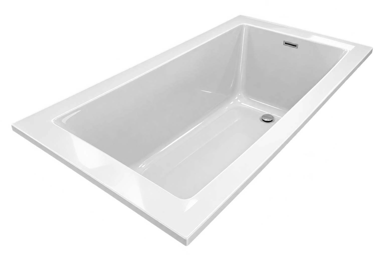 Zone ML 6032 Soaker Bath in white, featuring a rectangular drop-in silhouette, thin flat deck, gently sloped interior and polished chrome overflow and drain.