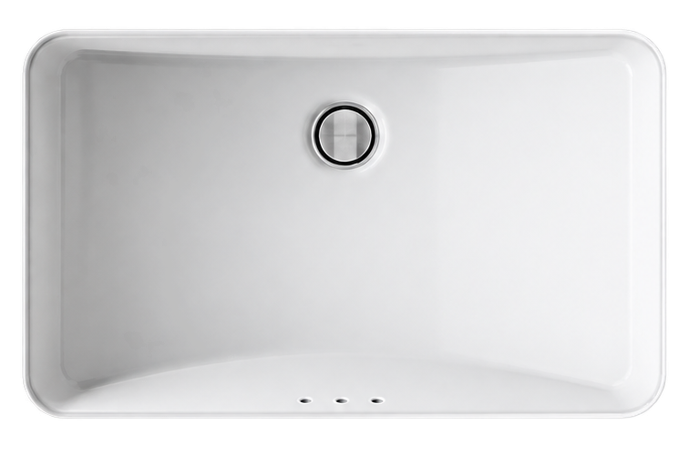 Ladena white rectangular ceramic bathroom sink with a recessed basin and a single circular drain, shown from a top-down perspective on a solid white background.