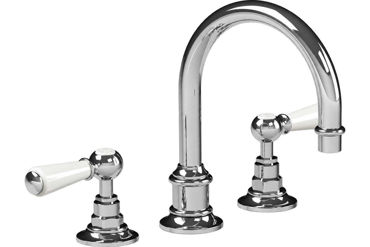 Classic L Faucet with a high-arching polished chrome spout, sculpted bases and two white lever handles.