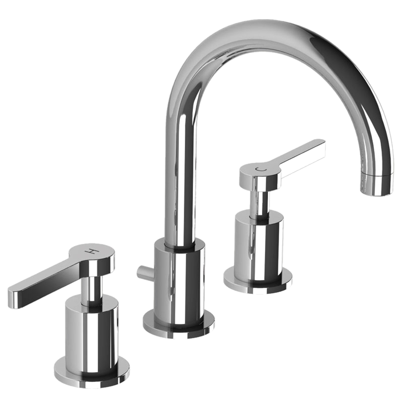Kafka L Faucet with a high-arching polished chrome spout, cylindrical bases and two streamlined lever handles.