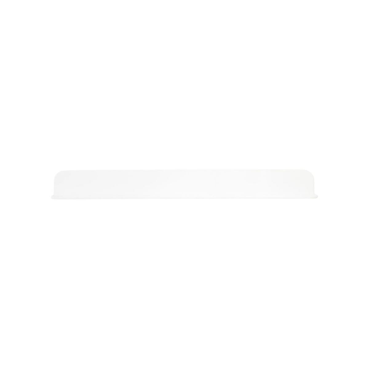 Linna shelf in white, front view showing the long, slim profile, raised back edge and rounded corners
