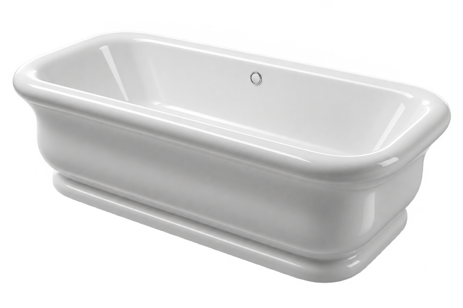 Empire freestanding bathtub in white, featuring a classic rectangular silhouette with softened corners, a thick rounded rim, molded base detailing and a refined old-world profile.
