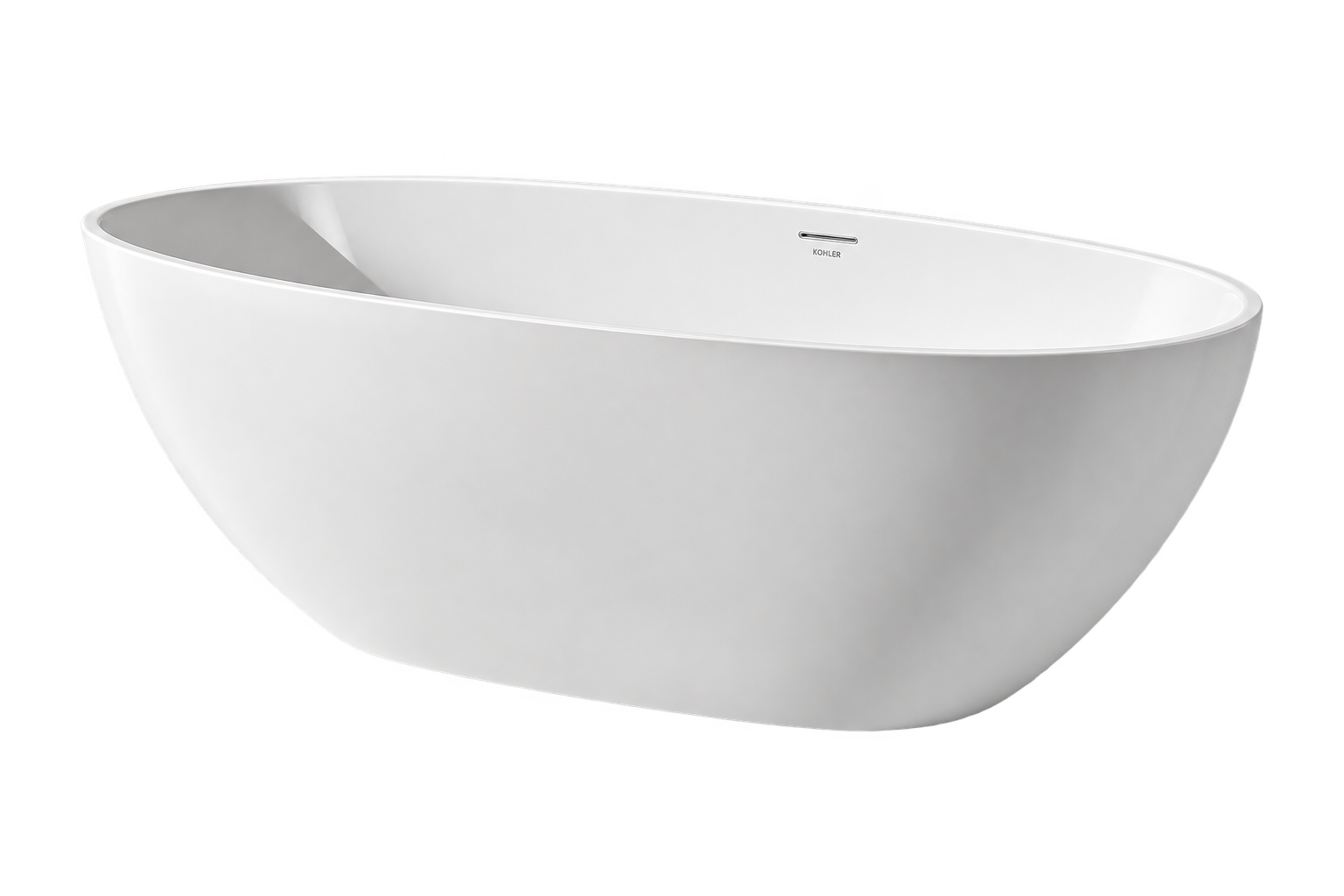 Arcata 65x34 Freestanding Soaker Tub in white solid surface, featuring a sculptural oval silhouette, smooth curved sides and an integrated overflow.