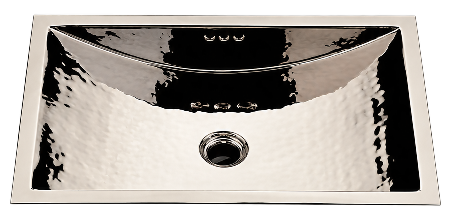 Normandy rectangular hammered metal sink with a polished, reflective surface and a central drain.