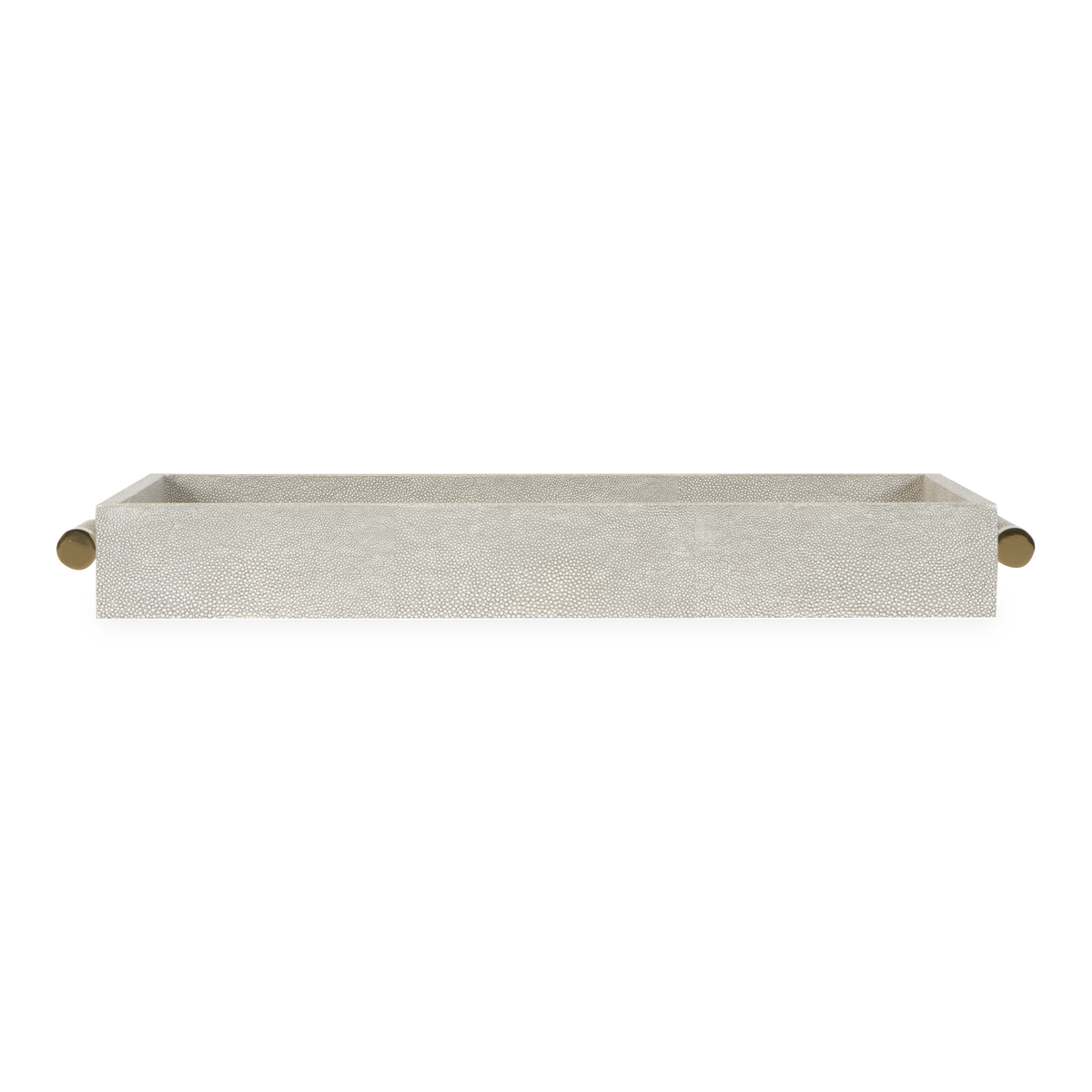 This serving tray features a delicately embossed shagreen pattern, while its brass handles add a luxurious feel.