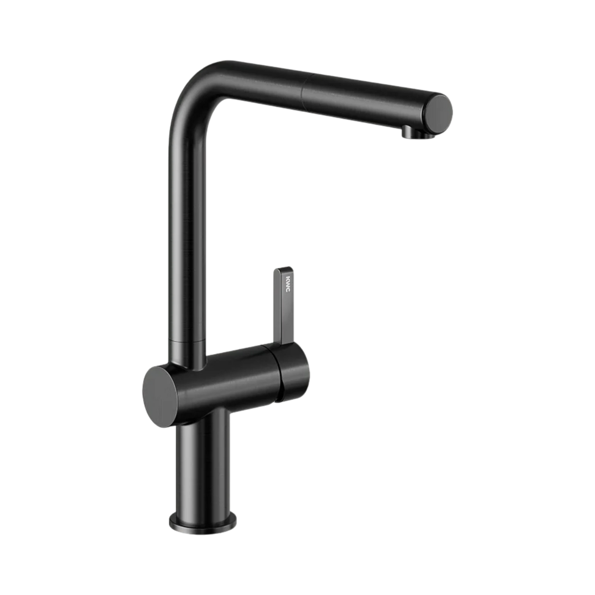 Bevo E A225 industrial black pull-out kitchen faucet, angled view with L-shaped spout and side lever handle.