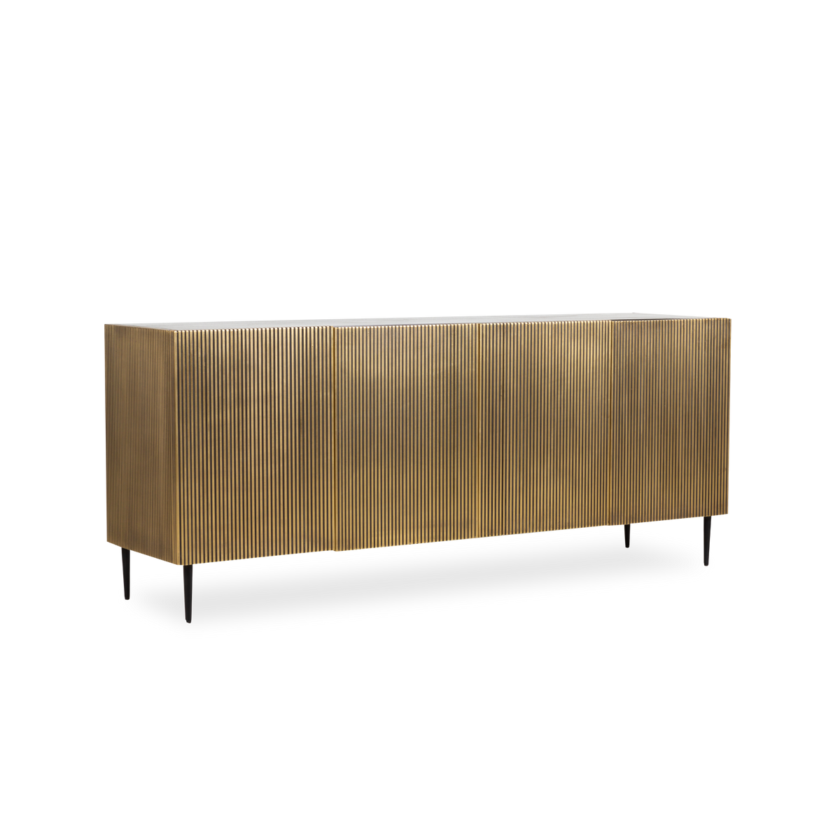Showcasing an art deco flair, the Engler Sideboard features antiqued brass sides and doors that give it a look thats decadent and refined.