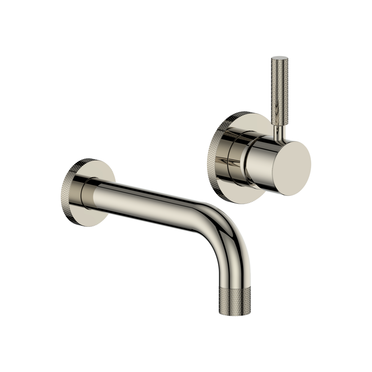 Soho wall-mount faucet in polished nickel, three-quarter view of the downturned spout and knurled lever on round plates