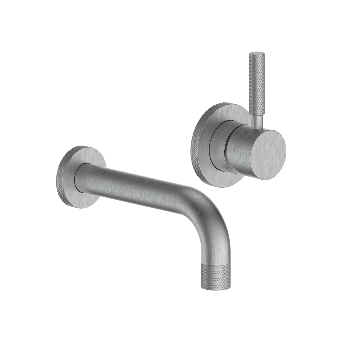Soho wall-mount faucet in brushed nickel, three-quarter view of the downturned spout and knurled lever on round plates