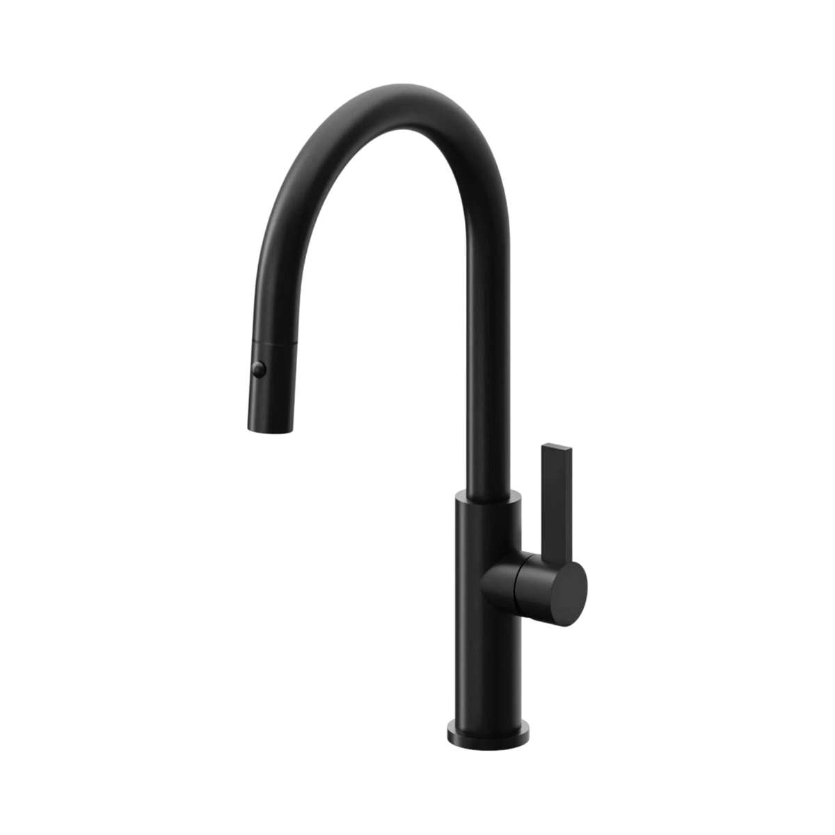 Corsano pull-down kitchen faucet in matte black, with a tall arched spout, single lever handle, and magnetic-docking dual-mode spray head. Available at Elte Outlet.