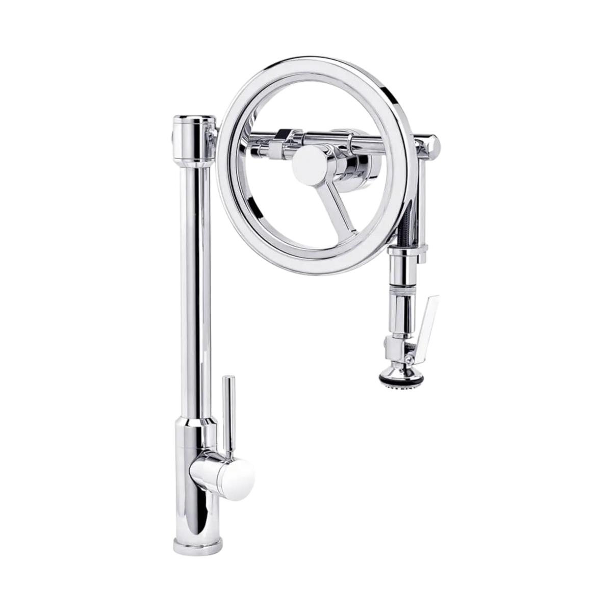 Endeavor Wheel kitchen faucet in polished chrome, front view with single-spoke wheel, slim body, and lever-handle sprayer.