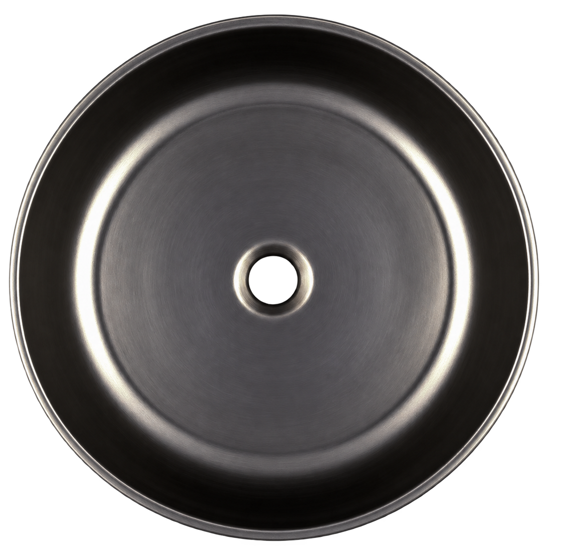 Top-down view of a Bliss round gunmetal basin with a central drain hole.