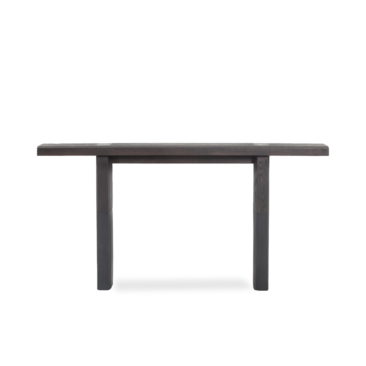 Front view of the Locke Console Table with a dark wood split-top design, squared legs and contrasting black metal sleeves at the base.