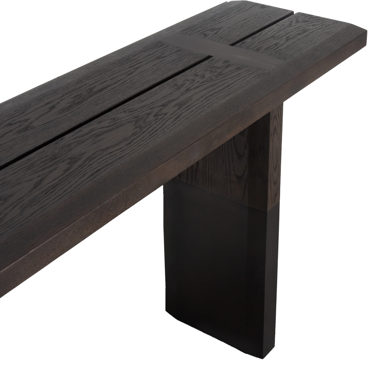 Close-up of the Locke Console Table showing the split wood top, visible grain, cross-detail joinery and black metal sleeve on the leg.