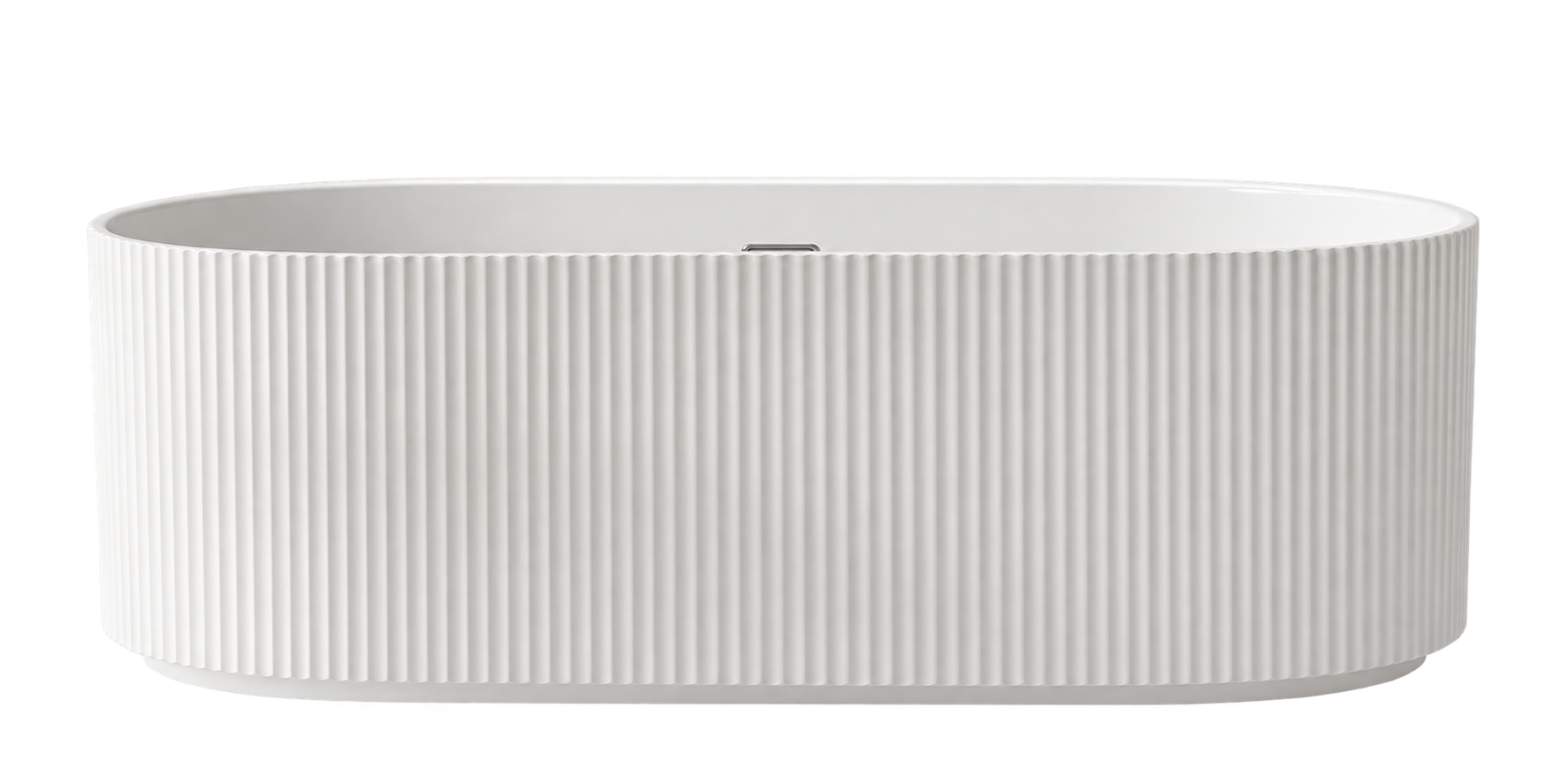 Scarlet 59x30 Soaker Bath in white acrylic, featuring a rounded freestanding silhouette and vertically fluted exterior for a sculptural, textured finish.