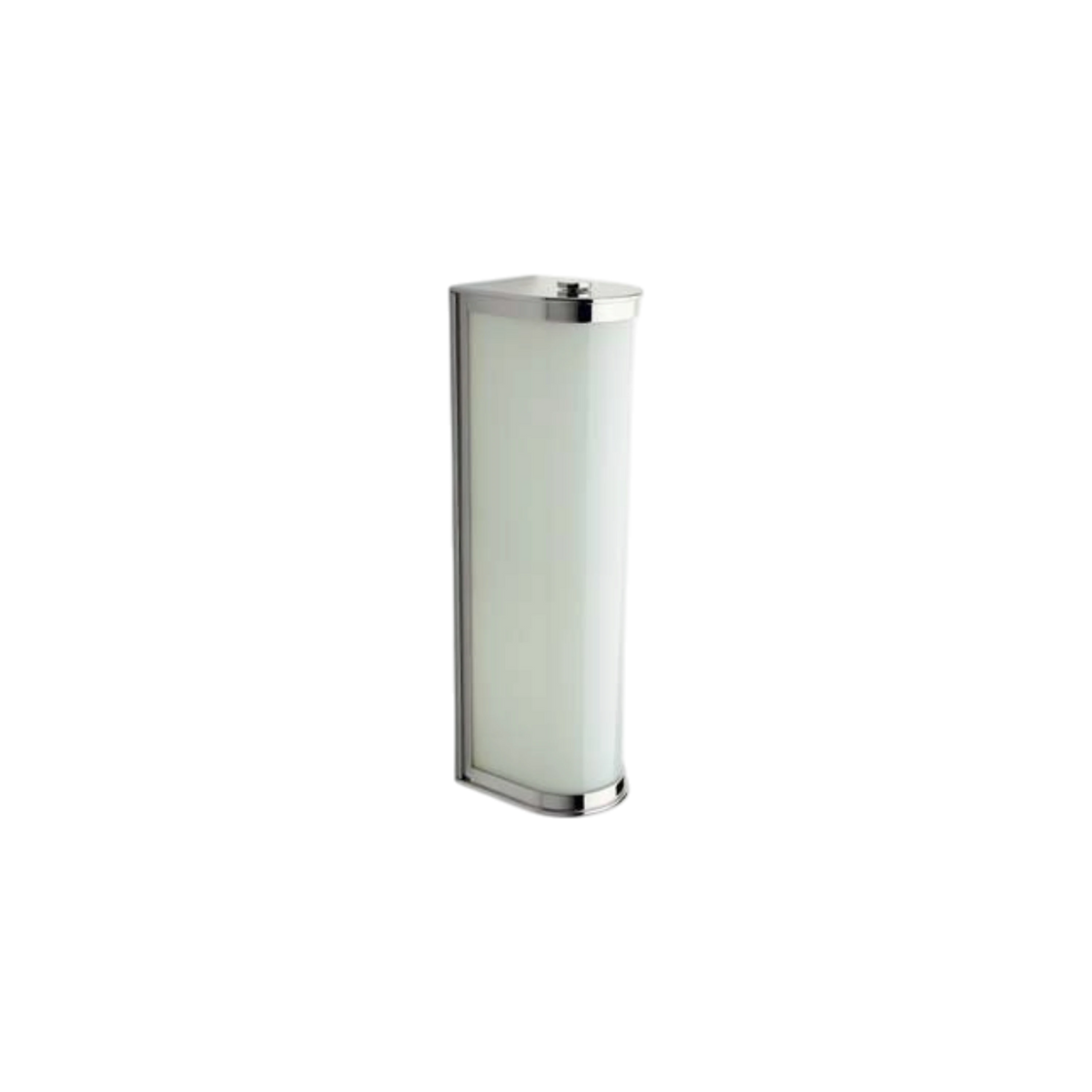 Oriel II wall-mount sconce in nickel, front three-quarter view with frosted glass shade and polished metal top and base