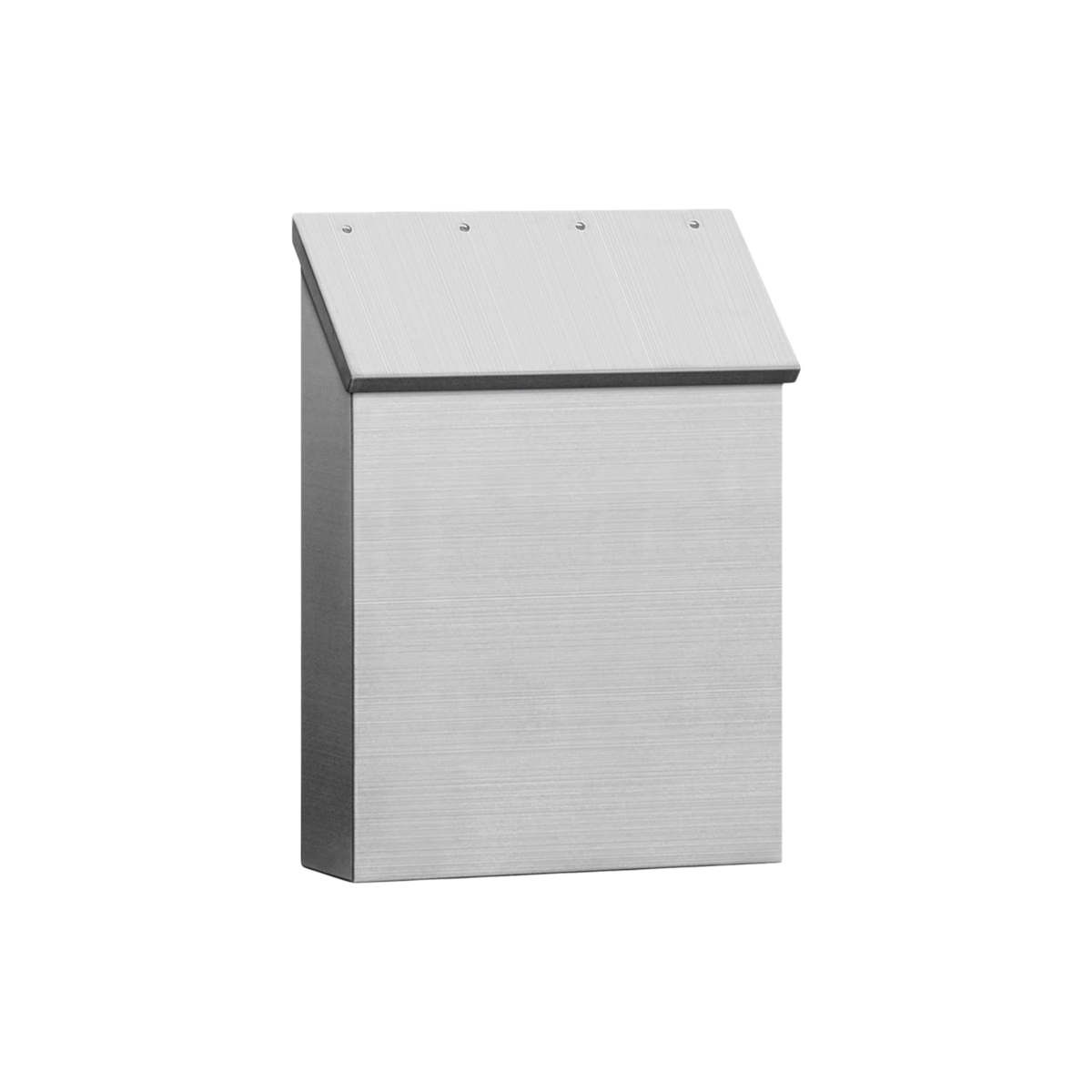 Oakville vertical mailbox in stainless steel, three-quarter front view showing the sloped lid and brushed finish
