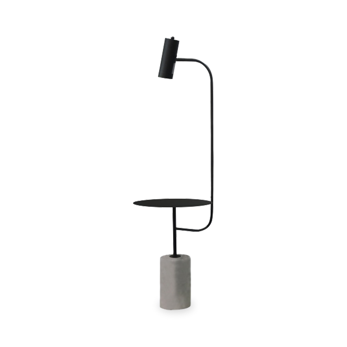 With an industrial vibe, the Elroy Floor Lamp features a matte-black metal frame with a side table on a concrete base.