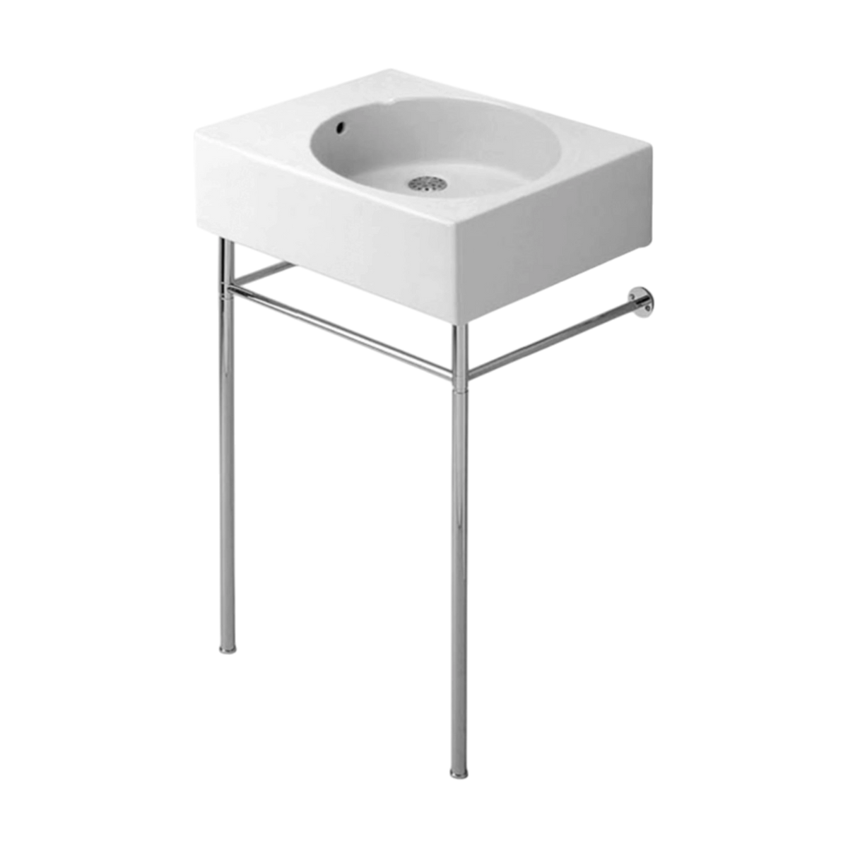 Scola metal console in polished chrome, three-quarter view supporting a white rectangular basin with a round bowl