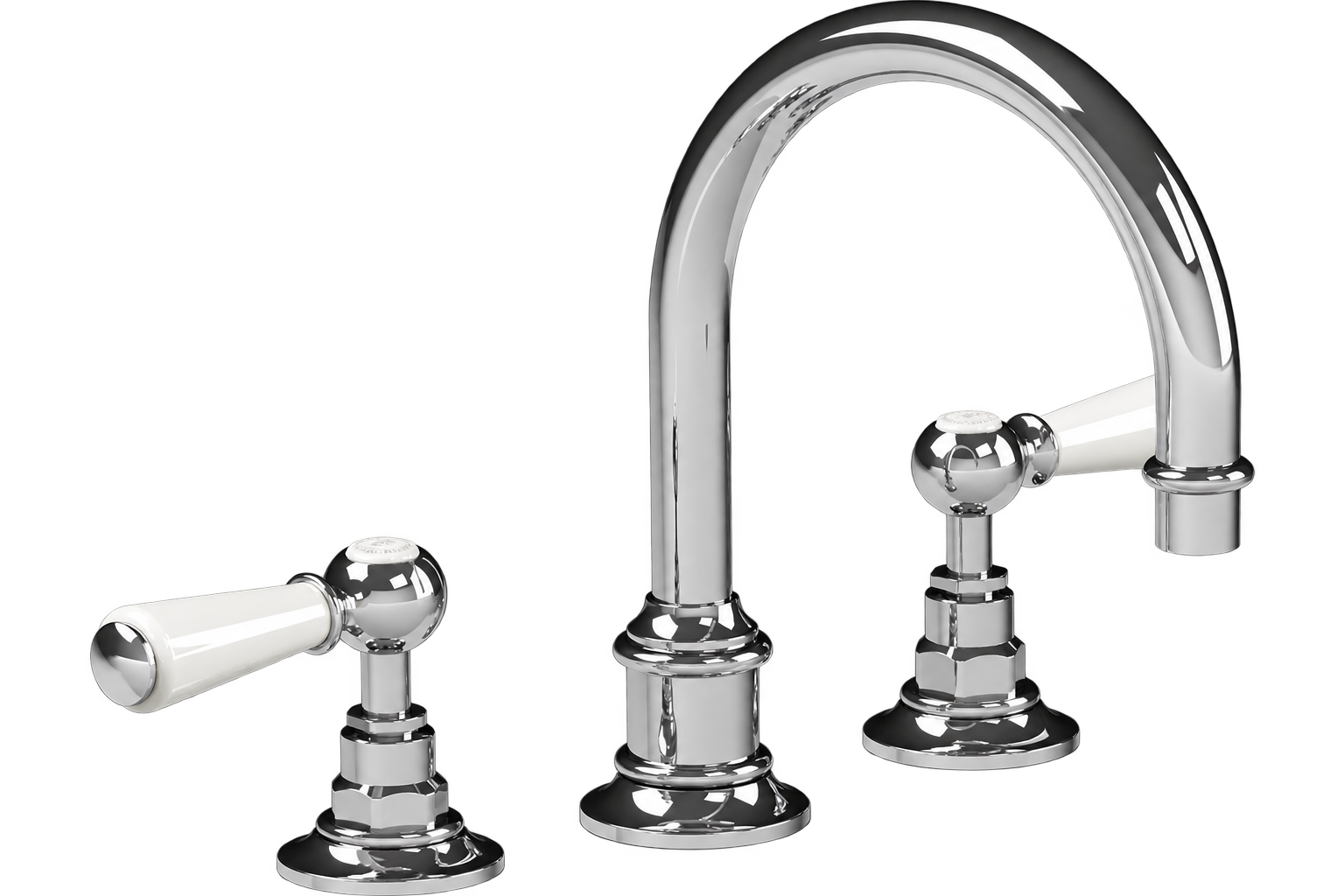 Classic L Faucet with a high-arching polished chrome spout, sculpted bases and two white lever handles.