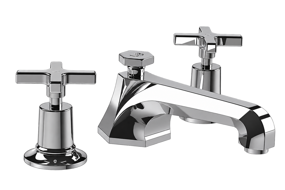 Mackintosh X Faucet (Low-Pro) in polished chrome with a low-profile faceted spout, two cross handles, and three-hole widespread design.