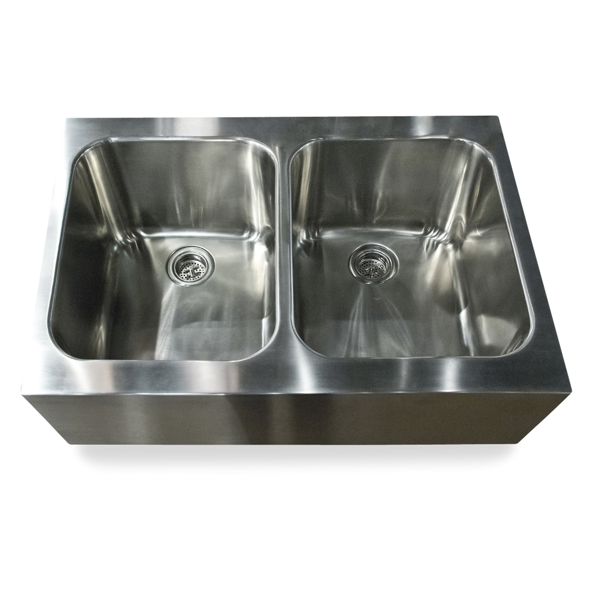 The Farmer Sink with two basins is a 36" x 25", stainless steel sink.