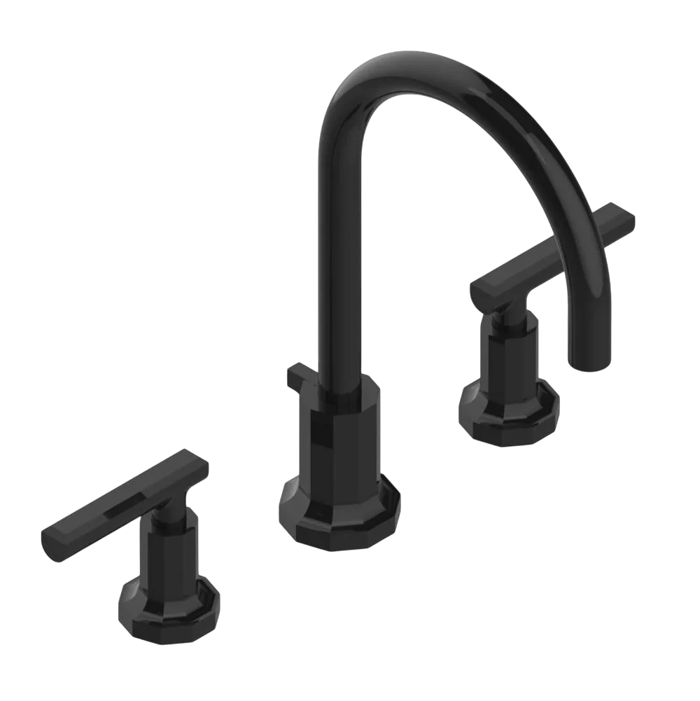 Les Ondes L Faucet in matte brown bronze with a high-arc curved spout, paired lever handles, and faceted octagonal bases.