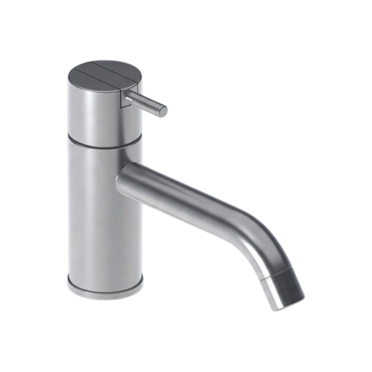 Vessel faucet in stainless steel, a tall cylindrical basin faucet with a slim side lever and a gently curved spout.