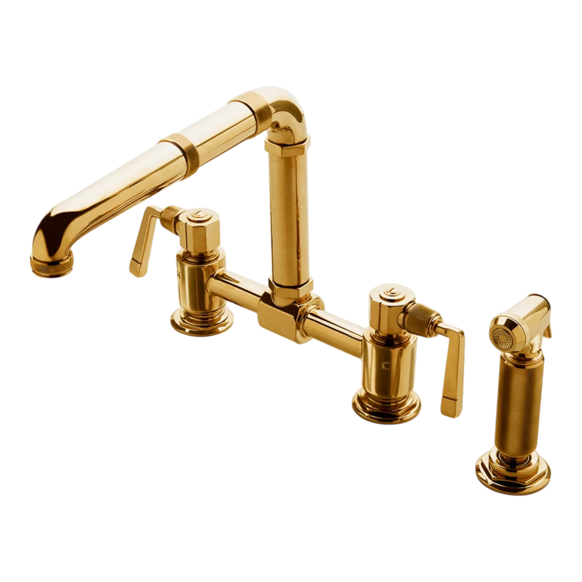 R.W. Atlas two-hole bridge kitchen faucet in brass, with a high-profile spout, exposed lever valves, and an integrated side spray. Available at Elte Outlet.