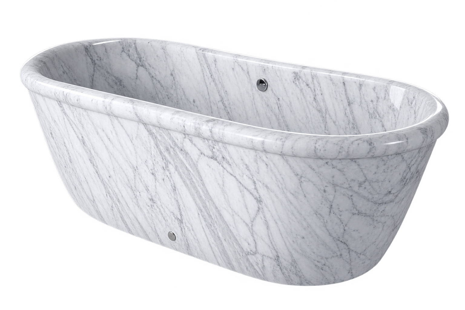 Ibla freestanding tub in white Italian marble, featuring a sculptural double-ended silhouette, softly rounded rim, curved base and natural grey veining throughout.