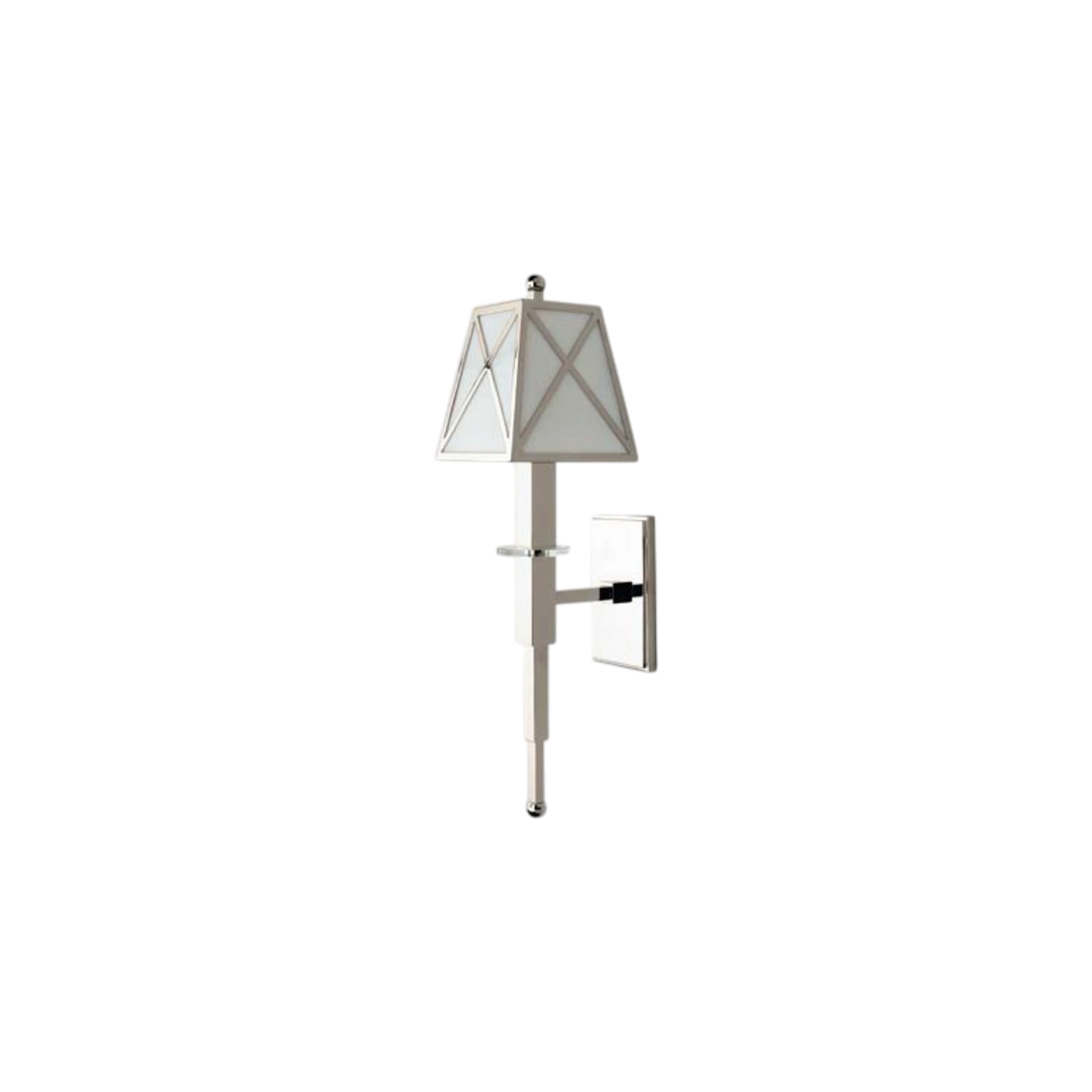 Fairfax wall sconce in nickel, three-quarter view with tapered frosted shade, crossed framing and rectangular wall plate