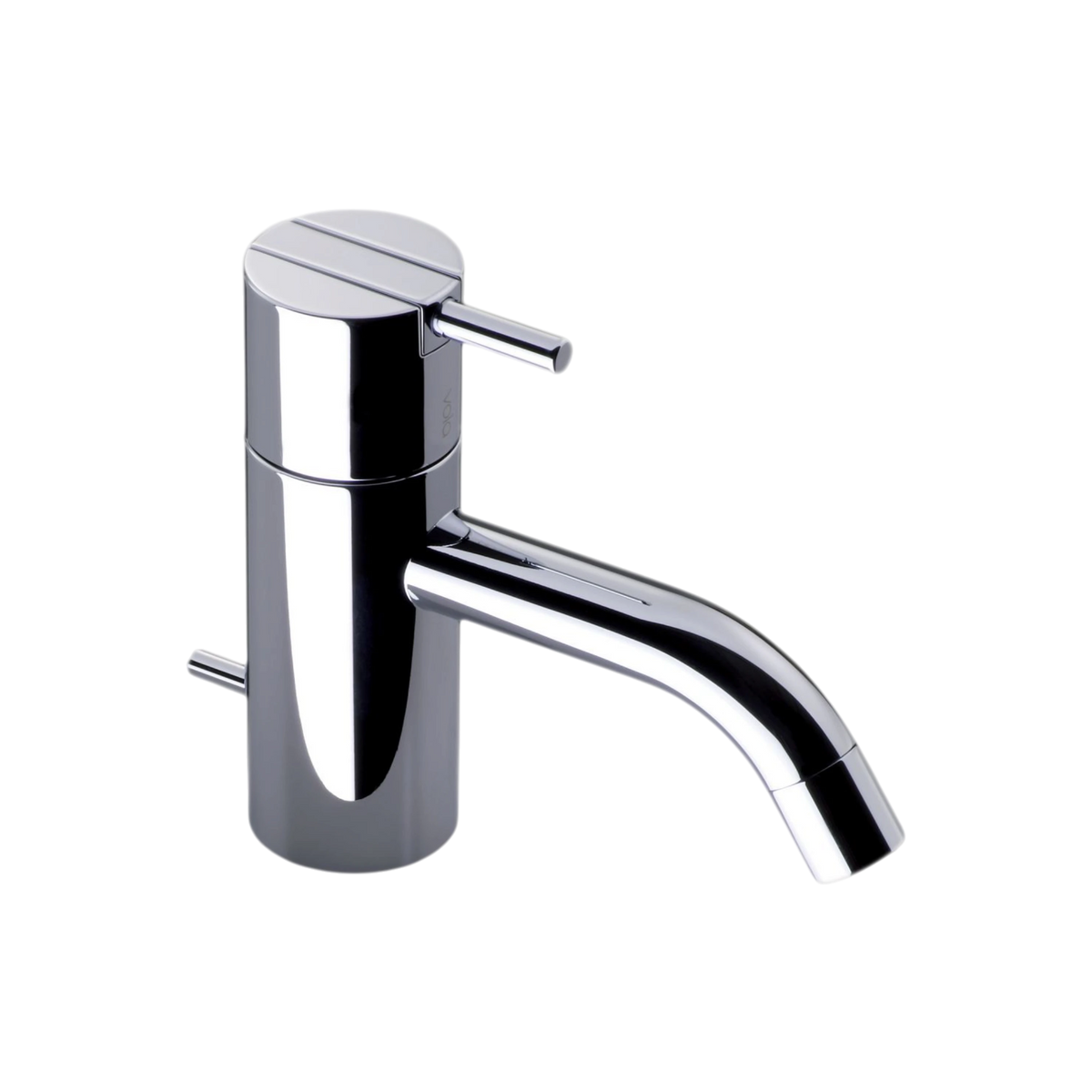 Flex Hose faucet in polished chrome, three-quarter view showing cylindrical body, side lever, curved spout and drain rod