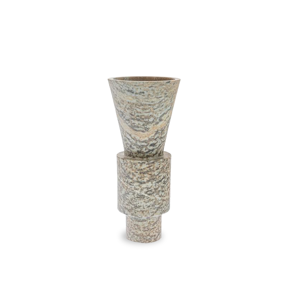 The Totem Vases are skillfully milled from soapstone into narrow geometric shapes.