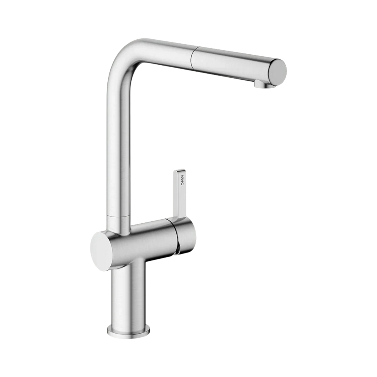 Bevo E A225 stainless steel pull-out kitchen faucet, angled view with L-shaped spout and side lever handle.