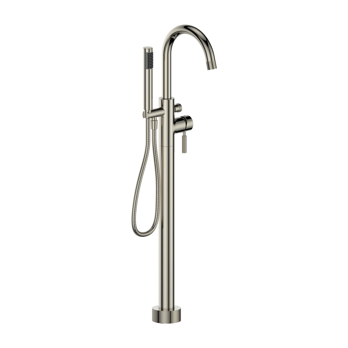 Soho freestanding tub filler in polished nickel, three-quarter view with arching spout, knurled lever and hand shower