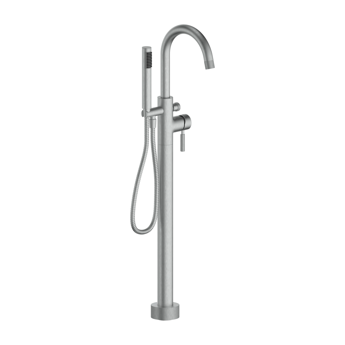 Soho freestanding tub filler in brushed nickel, three-quarter view with arching spout, knurled lever and hand shower