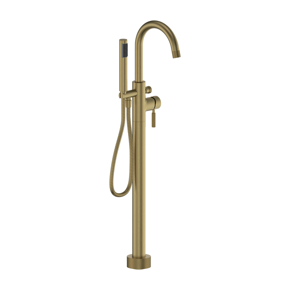 Soho freestanding tub filler in aged brass, three-quarter view with arching spout, knurled lever and hand shower