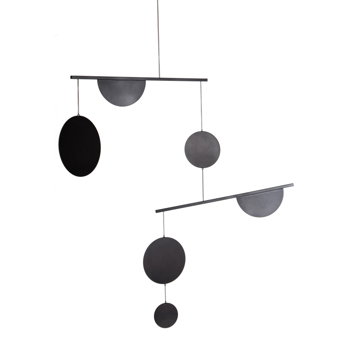 The Drift Mobile Patina explores the relationship between the linear composition and scaling circles that results in a shapeshifting kinetic mobile.