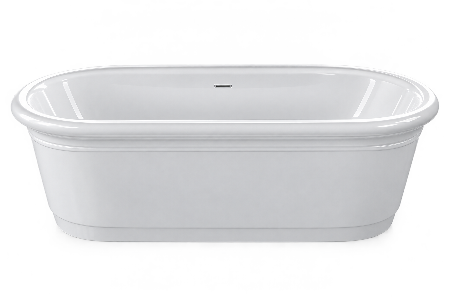 Hinsen freestanding bath in white, featuring a deep double-ended silhouette, gently curved sides, thick rounded rim and subtle horizontal detailing.