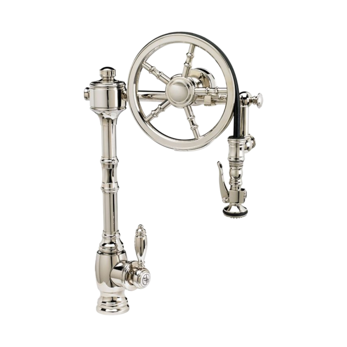 Wheel traditional pulldown kitchen faucet in polished nickel, front view with five-spoke wheel, side handle, and sprayer.
