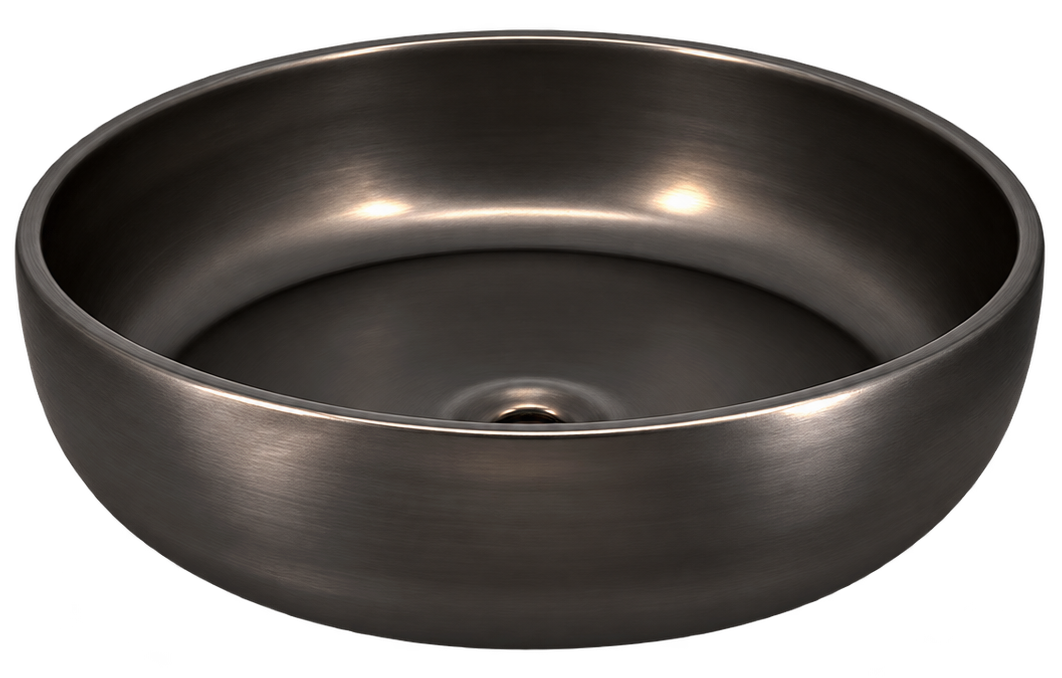 Bliss Round Basin in lustrous gunmetal, featuring a circular vessel silhouette, smooth curved walls and a central drain opening.