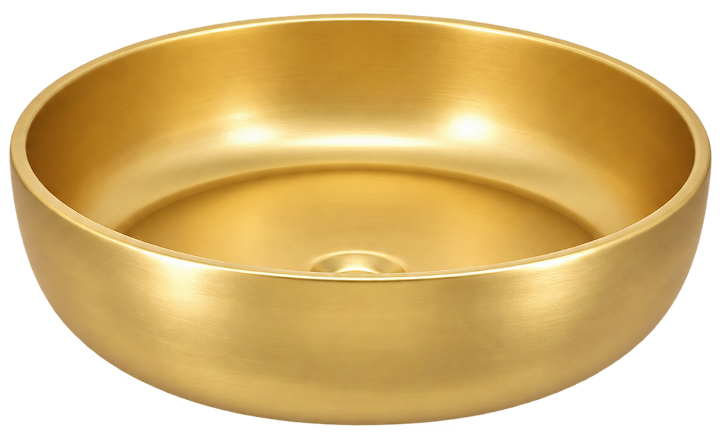 Bliss round, gold-finished vessel sink basin with a brushed metal texture.