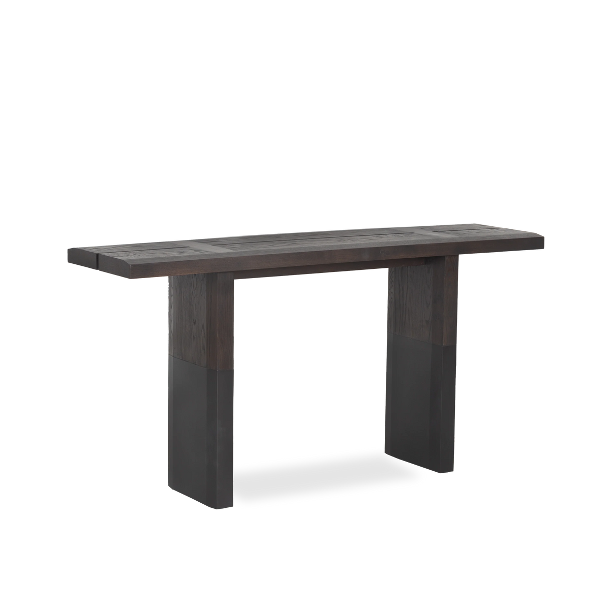 Angled view of the Locke Console Table highlighting its dark wood grain, split tabletop, expressed joinery and metal-clad lower legs.