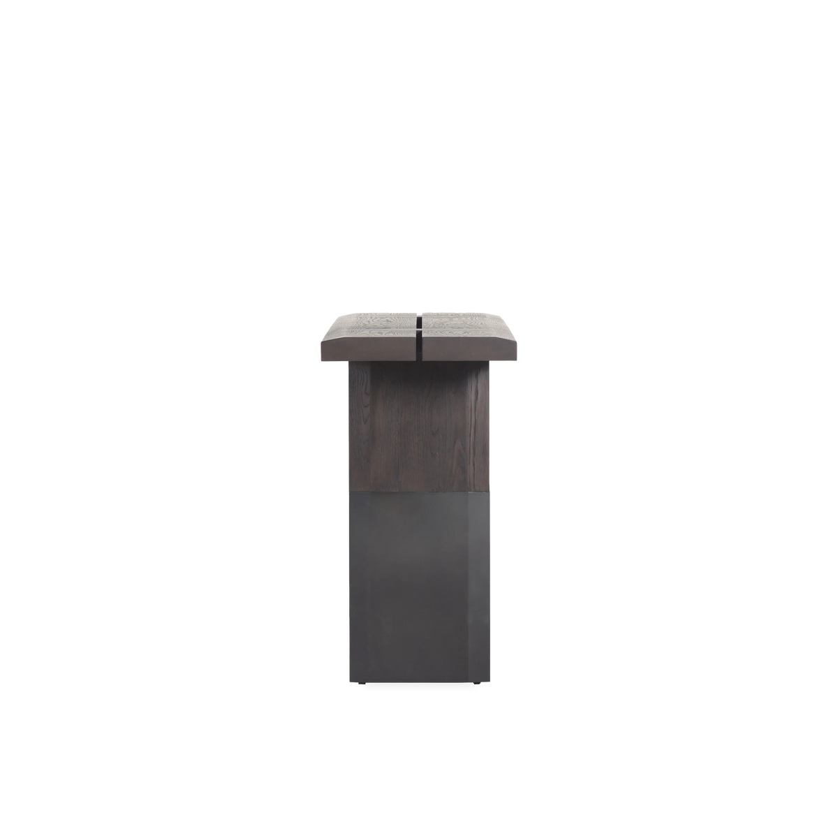 Side view of the Locke Console Table showing the slim tabletop profile, substantial wood leg and black metal sleeve detail.