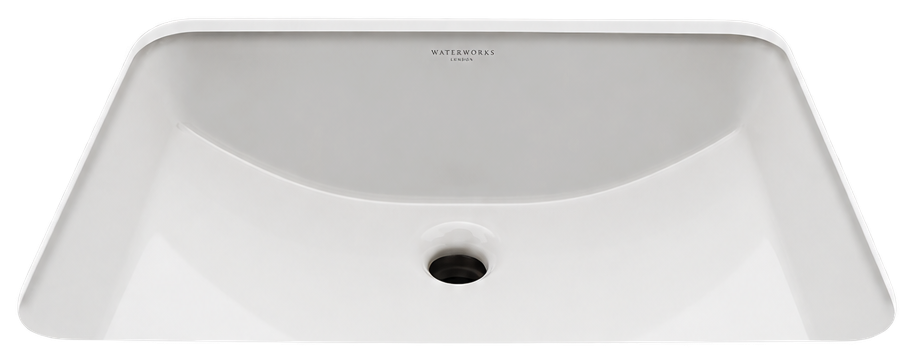 Clara white rectangular undermount bathroom sink basin with a single central drain, shown from a top-down perspective against a solid white background.
